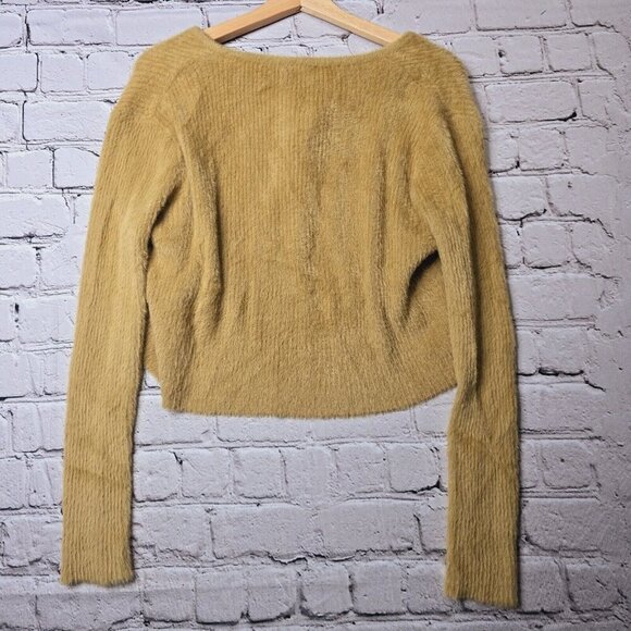 Dazy Soft Fuzzy Golden Beige Tie Collar Cardigan Sweater Size L - Picture 6 of 9